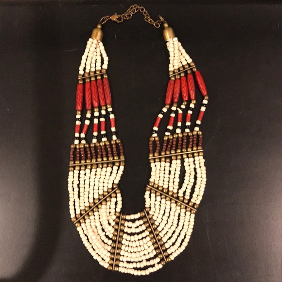 Red & White Boho Bead Statement Necklace - Picture 1 of 2